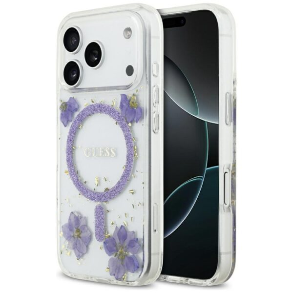 201213_1 Guess Resin Flowers Glitter MagSafe case for iPhone 17 Pro - purpleeng