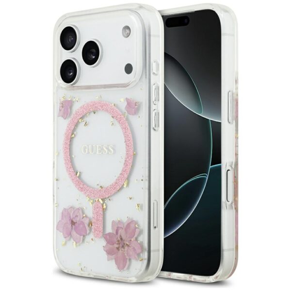 Guess Resin Flowers Glitter MagSafe Case for iPhone 17 Pro - Pinkeng