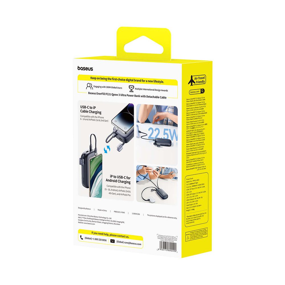 Baseus EnerFill FC21 Qpow 3 Ultra 20000mAh 22.5W Powerbank with Display and Cable Included - Blackeng