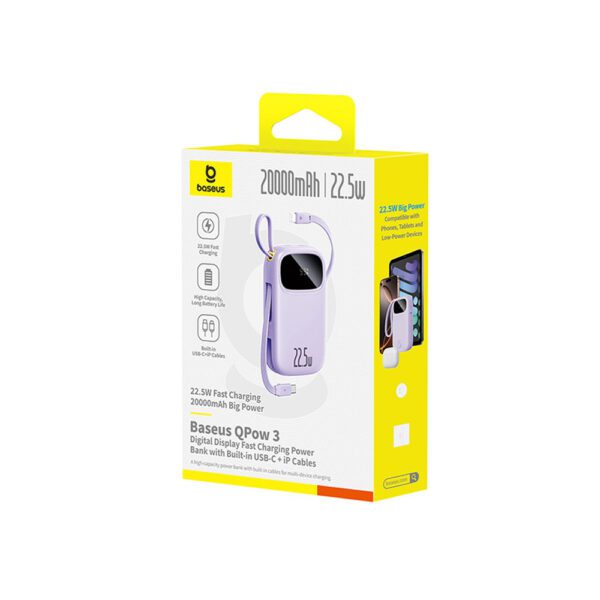 Baseus EnerFill FC21 Qpow 3 Ultra 20000mAh 22.5W Powerbank with Digital Display and Cable Included - Purpleeng