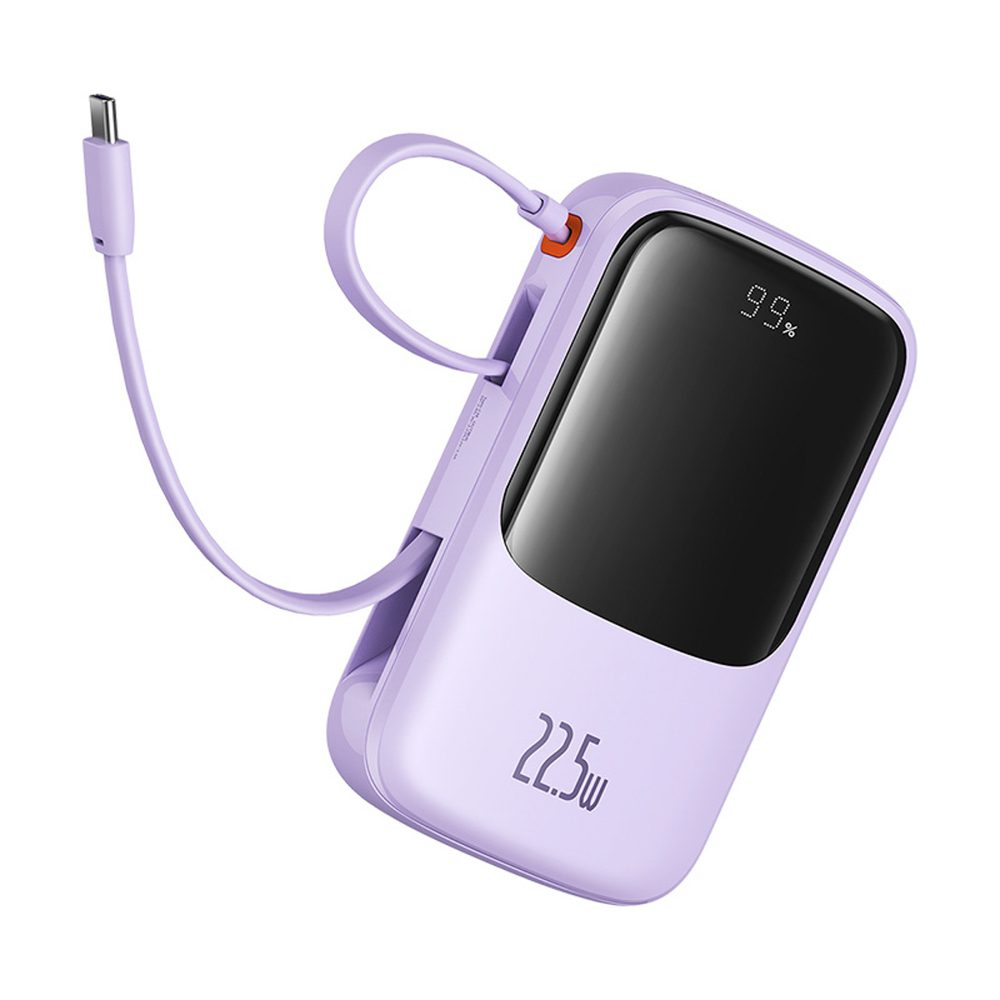 Baseus Qpow Pro+ 10000mAh 22.5W Power Bank with Built-in USB-C Cable and Display - Purpleeng