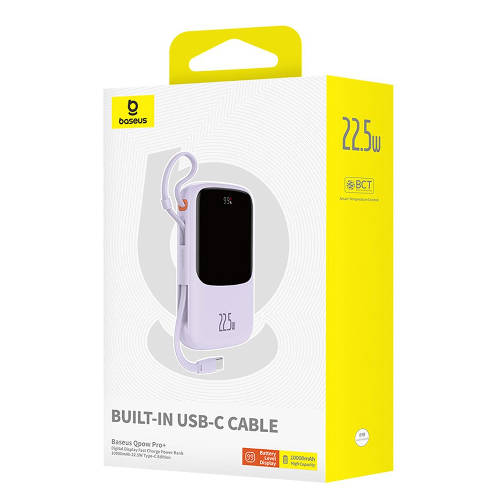 Baseus Qpow Pro+ 10000mAh 22.5W Power Bank with Built-in USB-C Cable and Display - Purpleeng