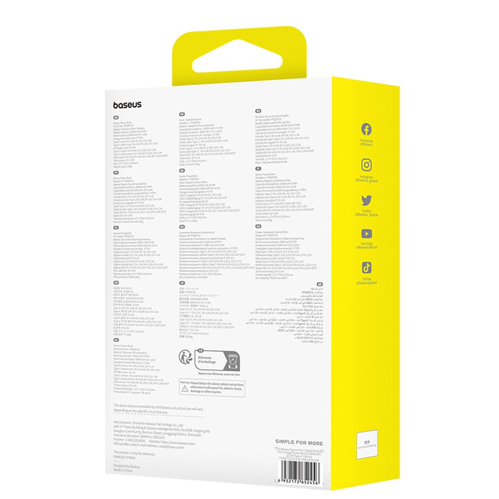 Baseus Qpow Pro+ 10000mAh 22.5W Power Bank with Built-in USB-C Cable and Display - Purpleeng