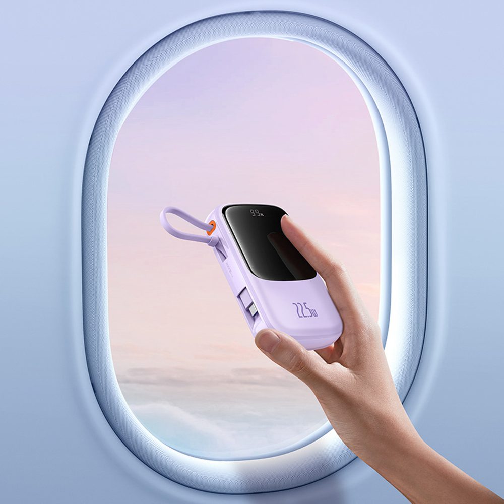 Baseus Qpow Pro+ 10000mAh 22.5W Power Bank with Built-in USB-C Cable and Display - Purpleeng