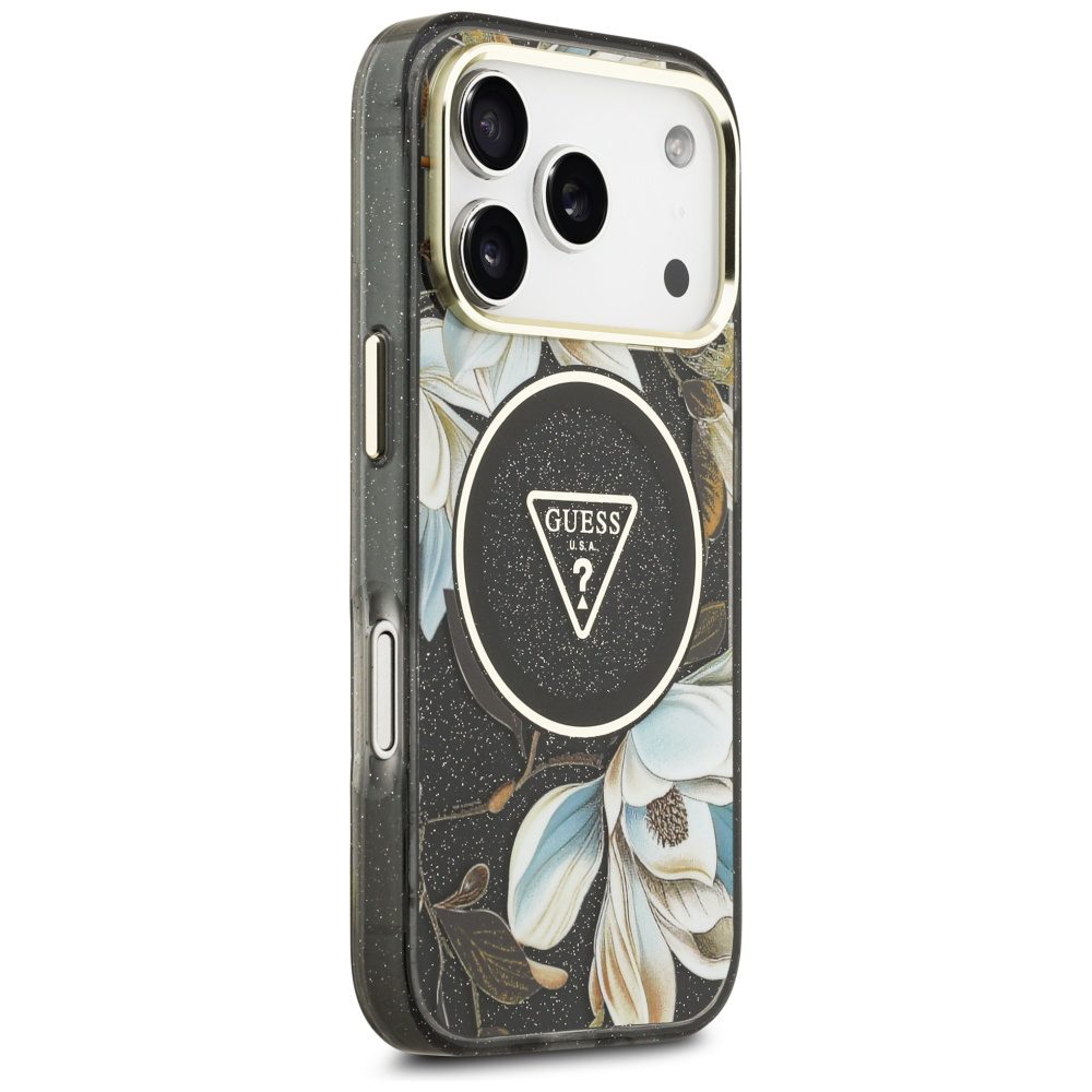 Guess IML Glitter Flowers Triangle MagSafe Case for iPhone 17 Pro Max - Blackeng