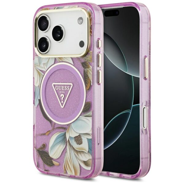 Guess IML Glitter Flowers Triangle MagSafe Case for iPhone 17 Pro Max - Purpleeng