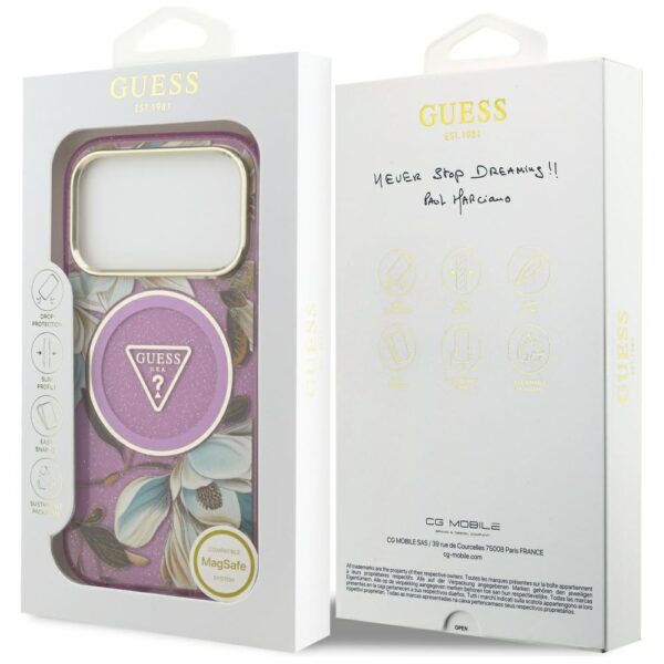 Guess IML Glitter Flowers Triangle MagSafe Case for iPhone 17 Pro Max - Purpleeng