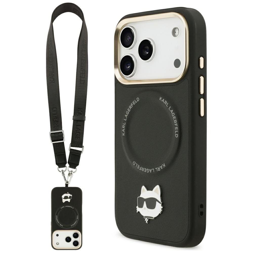 201901_1 Karl Lagerfeld Big Strap Choupette Metal Logo MagSafe Case for iPhone 17 Pro - Blackeng