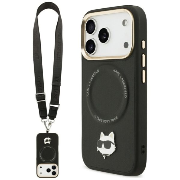 201902_1 Karl Lagerfeld Big Strap Choupette Metal Logo MagSafe Case for iPhone 17 Pro Max - Blackeng