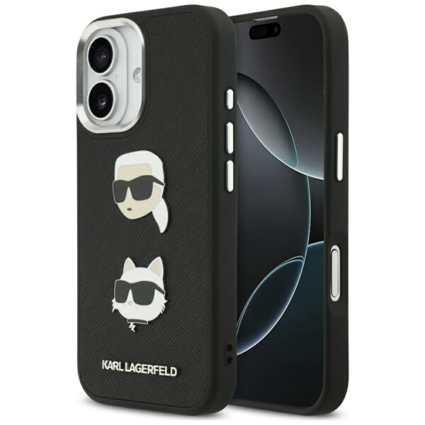 Karl Lagerfeld FW Grained Karl & Choupette Heads Pins & Logo iPhone 17 Case - Blackeng