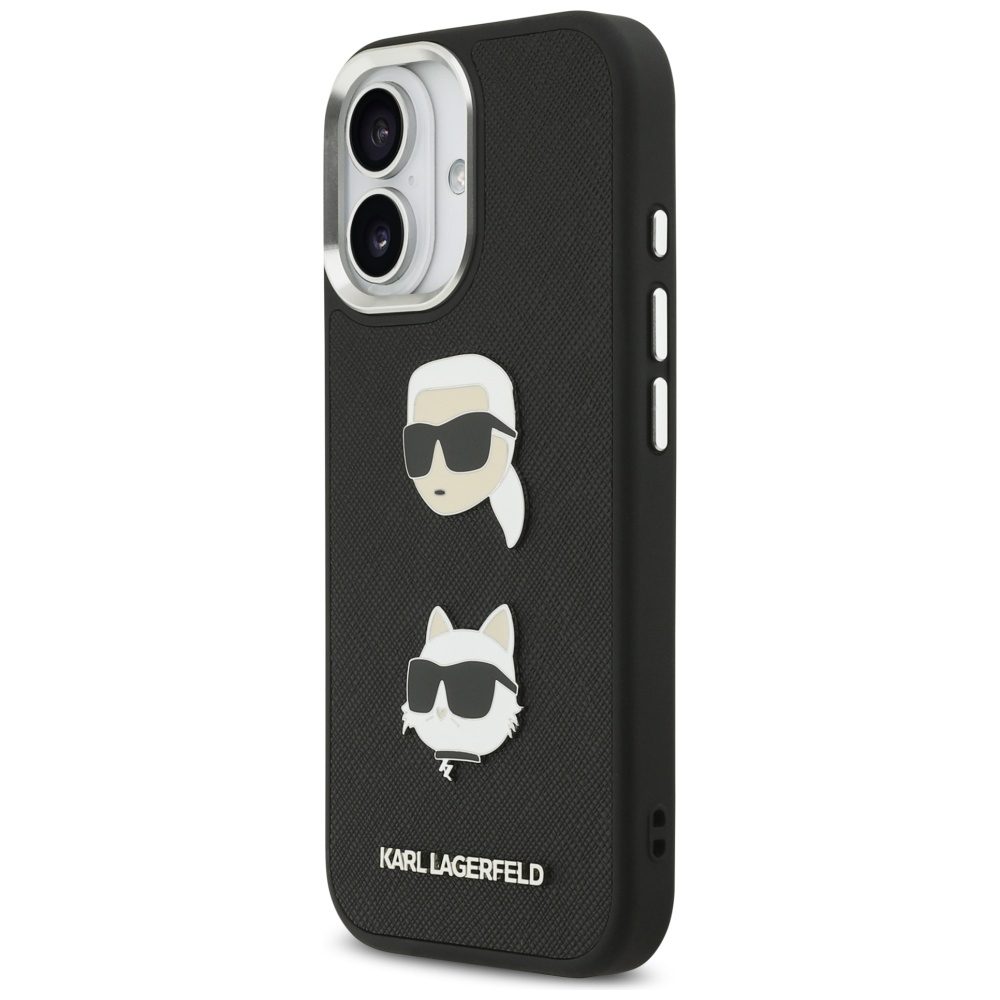 Karl Lagerfeld FW Grained Karl & Choupette Heads Pins & Logo iPhone 17 Case - Blackeng