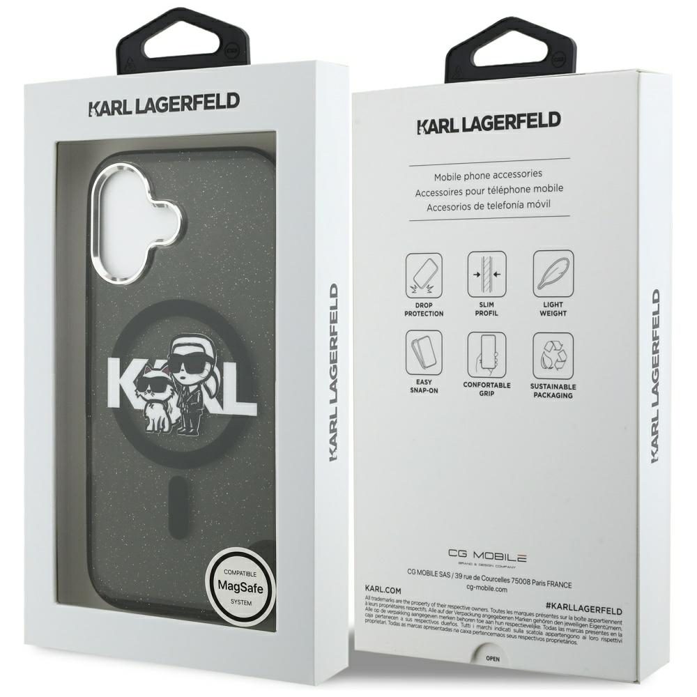 Karl Lagerfeld IML Glitter Karl & Choupette Sketch Logo MagSafe iPhone 17 Case - Blackeng
