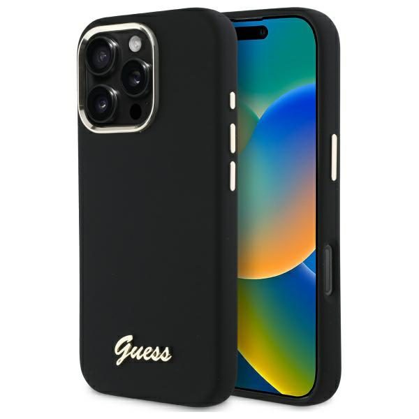 203553_1 Guess Silicone Script Metal Logo & Frame Case for iPhone 16 Pro Max - Blackeng