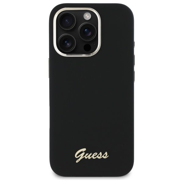 203553_3 Guess Silicone Script Metal Logo & Frame Case for iPhone 16 Pro Max - Blackeng