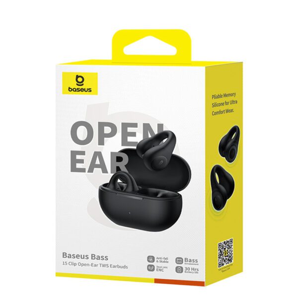 Baseus Bass 15 Clip OWS Wireless Headphones with Baseus Simple USB-C 3A 30cm Cable - Blackeng