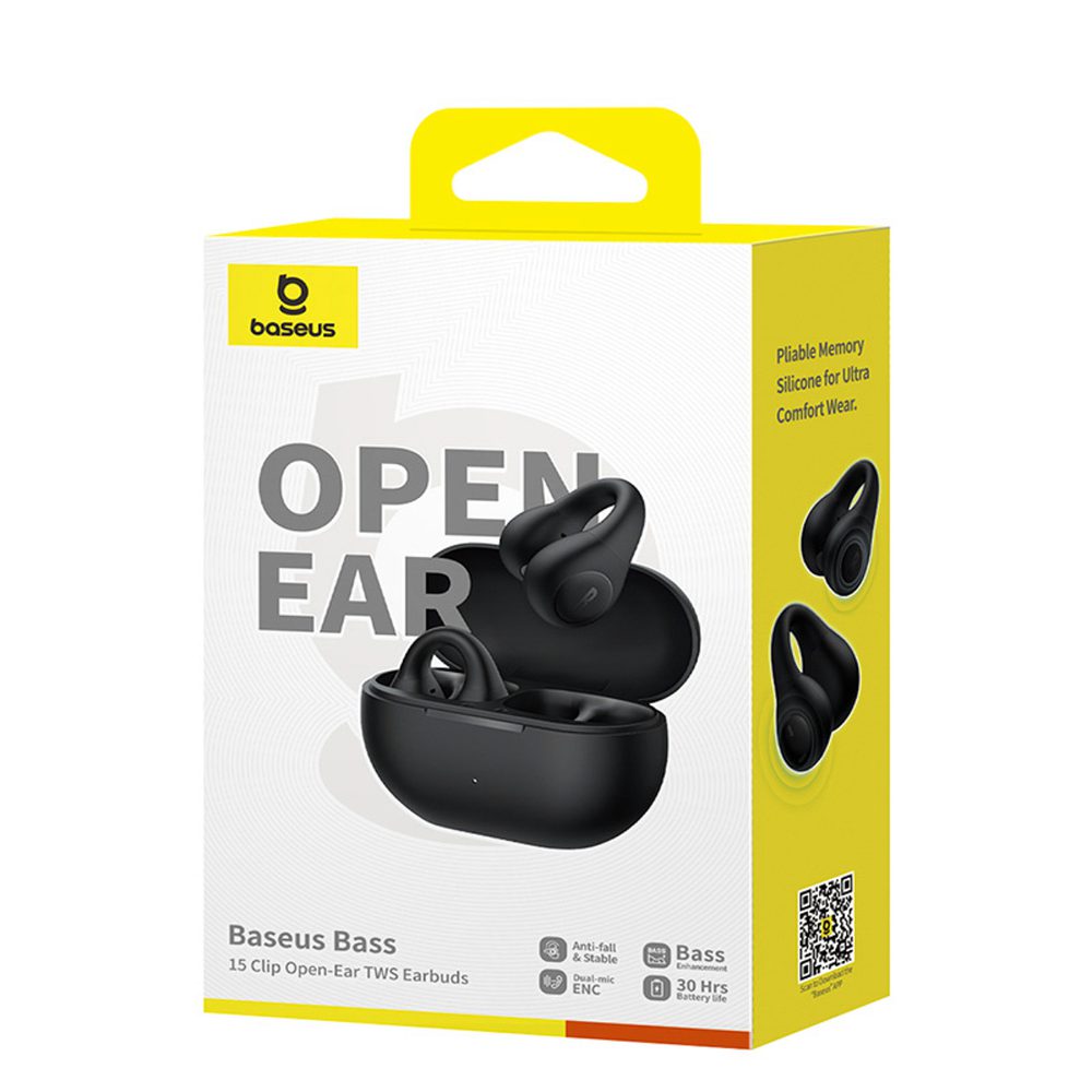 Baseus Bass 15 Clip OWS Wireless Headphones with Baseus Simple USB-C 3A 30cm Cable - Blackeng
