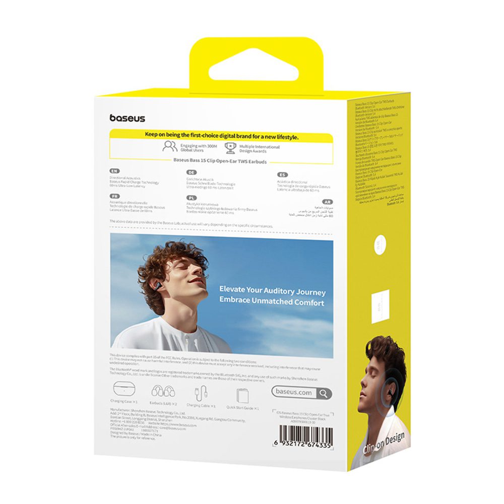 Baseus Bass 15 Clip OWS Wireless Headphones with Baseus Simple USB-C 3A 30cm Cable - Blackeng