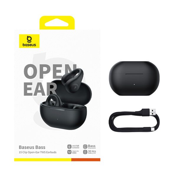 Baseus Bass 15 Clip OWS Wireless Headphones with Baseus Simple USB-C 3A 30cm Cable - Blackeng