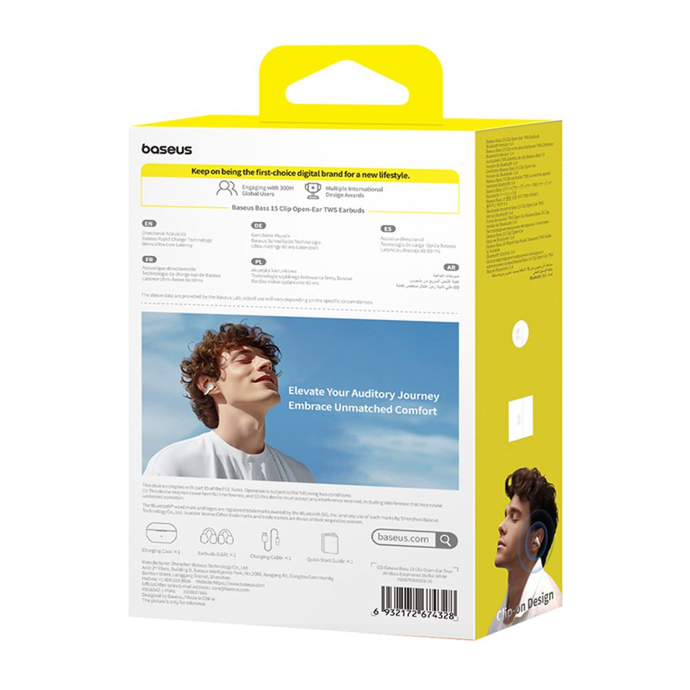 Baseus Bass 15 Clip OWS Wireless Headphones with Baseus Simple USB-C 3A 30cm Cable - Whiteeng