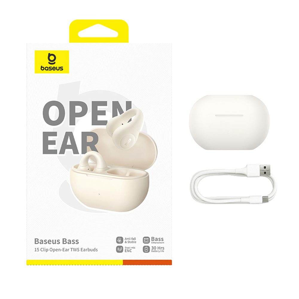 Baseus Bass 15 Clip OWS Wireless Headphones with Baseus Simple USB-C 3A 30cm Cable - Whiteeng