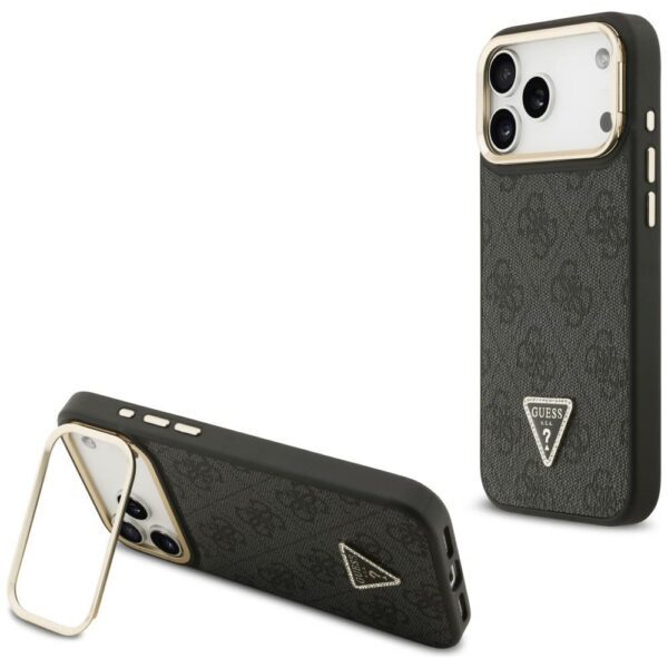 Guess 4G PU Triangle Logo & Stand Camera Magsafe Case for iPhone 17 Pro Max - Blackeng