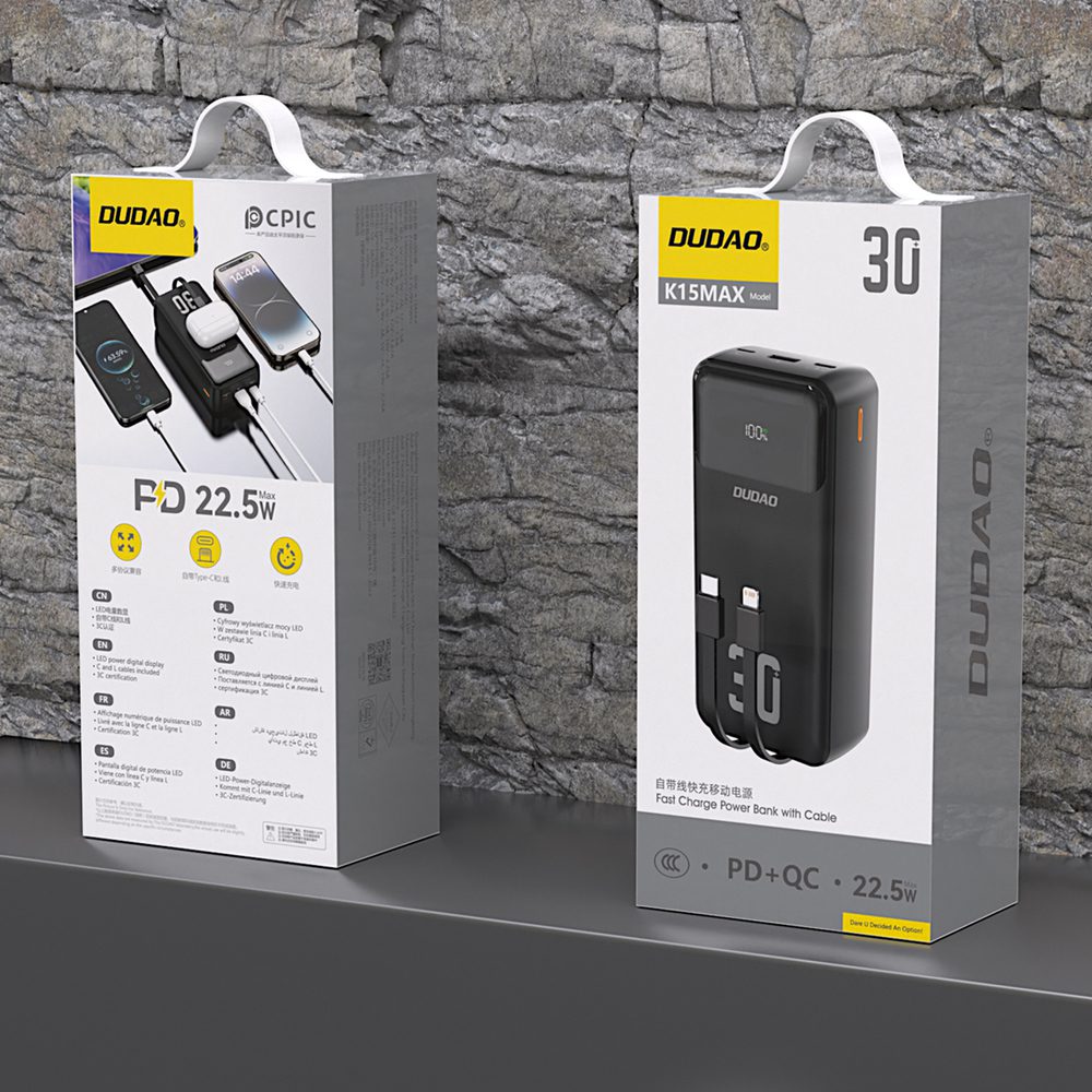 204273_2 Dudao K15MAX 30000mAh PD 22.5W Powerbank with Built-in Cables - Blackeng