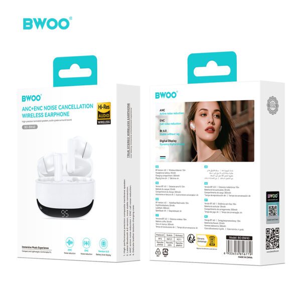 BWOO Bluetooth earphones BW40 TWS ANC with LCD display white