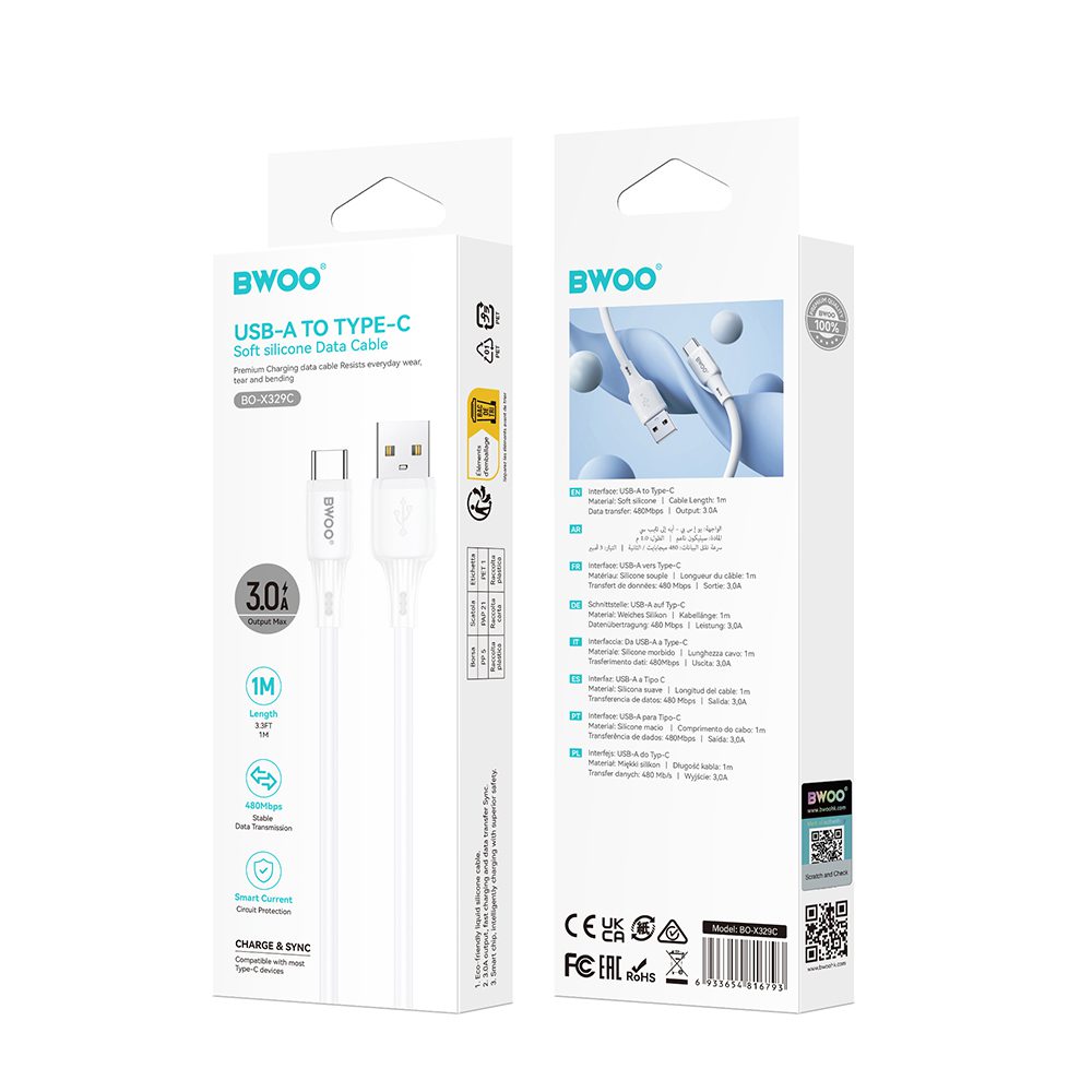 BWOO 3A silicone cable X329C USB-C 3A 1m white