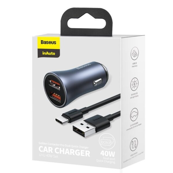 Baseus Golden Contactor Pro fast car charger 2x USB 40 W Quick Charge SCP FCP AFC + USB - USB Type C cable gray (TZCCJD-A0G)eng
