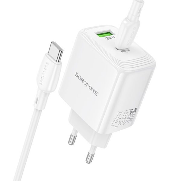 Borofone Wall charger BN30 Cargador GaN - USB + Type C - QC 3.0 PD 45W with Type C to Type C cable white