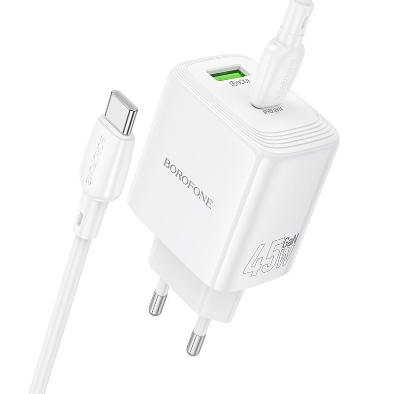 Borofone Wall charger BN30 Cargador GaN - USB + Type C - QC 3.0 PD 45W with Type C to Type C cable white