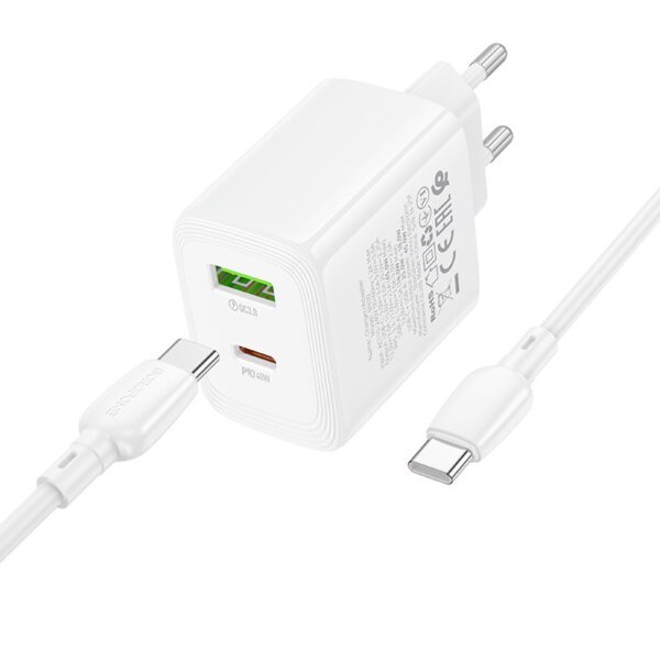 Borofone Wall charger BN30 Cargador GaN - USB + Type C - QC 3.0 PD 45W with Type C to Type C cable white