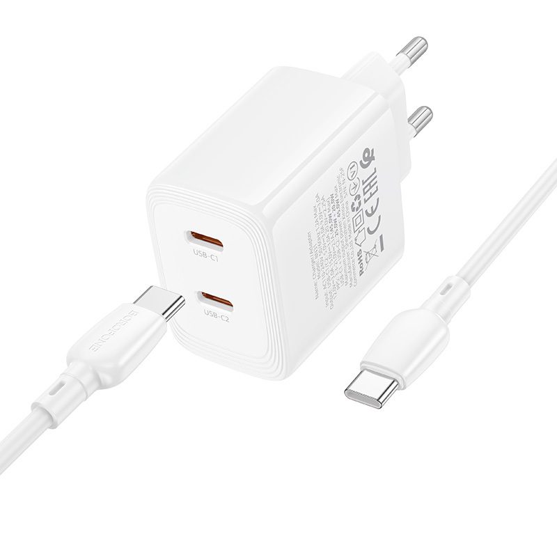 Borofone Wall charger BN31 Cargador GaN - 2xType C - QC 3.0 PD 45W with Type C to Type C cable white