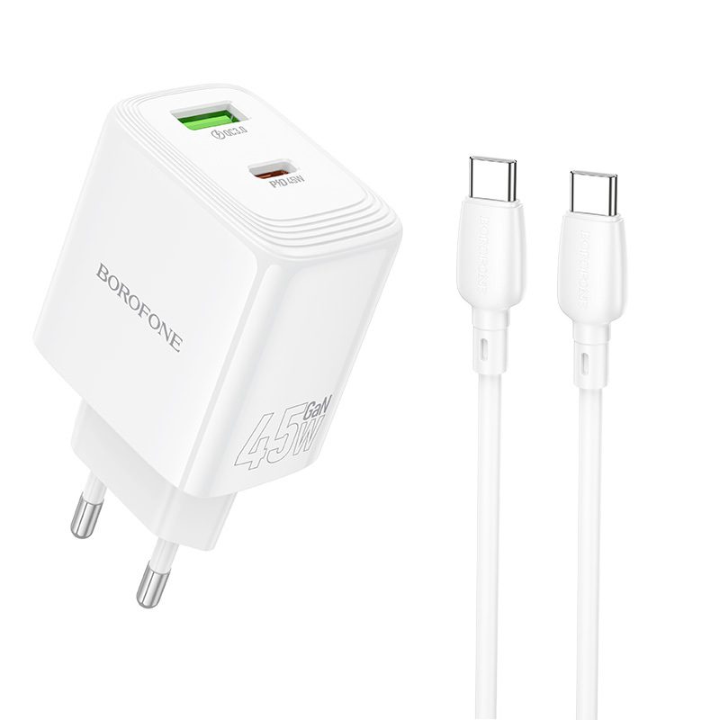 Borofone Wall charger BN30 Cargador GaN - USB + Type C - QC 3.0 PD 45W with Type C to Type C cable white