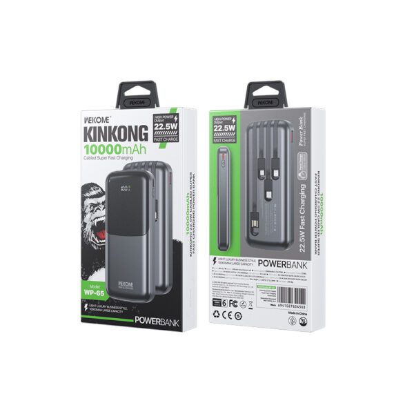 Power Bank 10000mAh PD 22,5W WK WP-65 2 Θέσεων, με καλώδιο USB-C/Lightning/Micro/USB Μαύρο