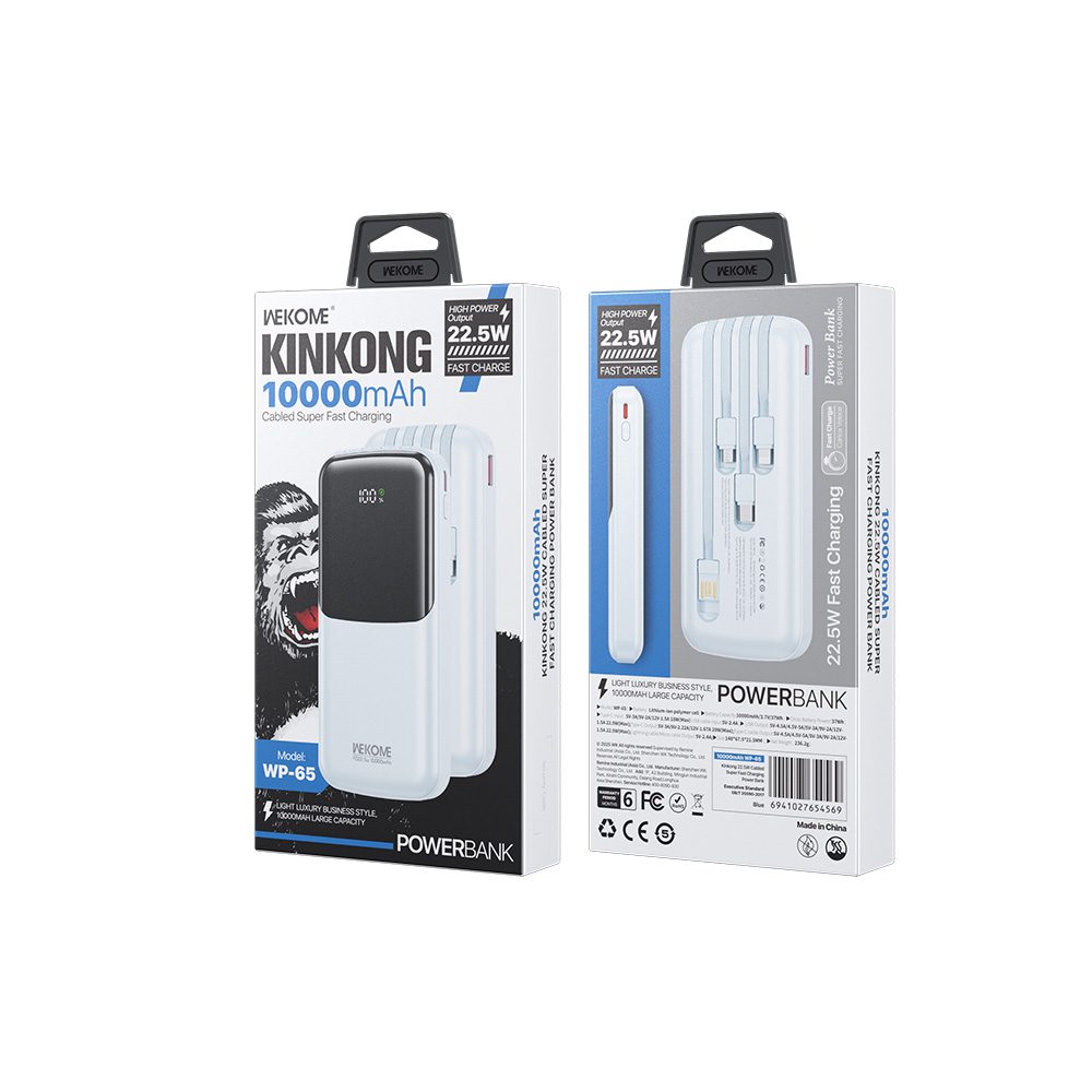 Power Bank 10000mAh PD 22,5W WK WP-65 2 Θέσεων, με καλώδιο USB-C/Lightning/Micro/USB Μπλέ