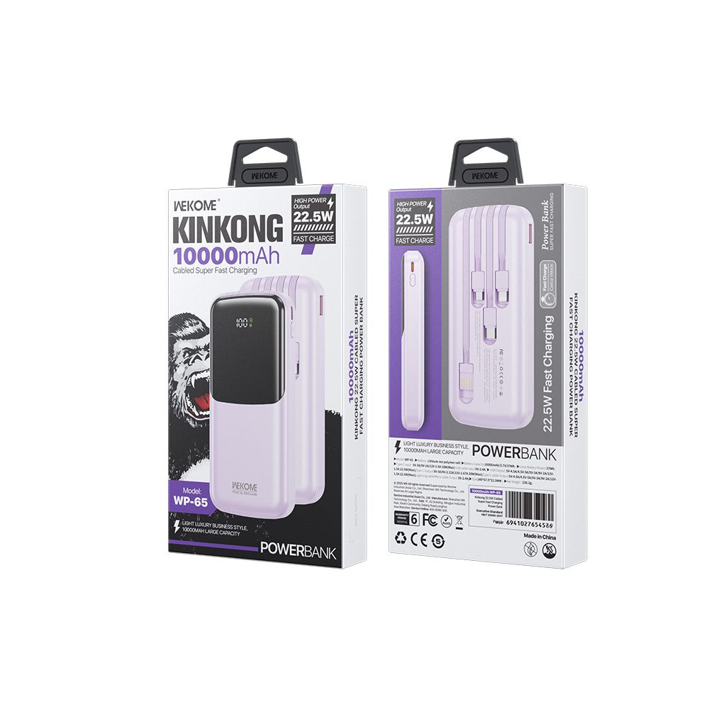 0285484 Power Bank 10000mAh PD 22,5W WK WP-65 2 Θέσεων, με καλώδιο USB-C/Lightning/Micro/USB Μωβ
