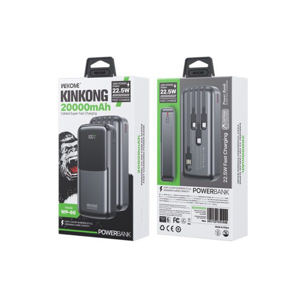 0285487 Power Bank 20000mAh PD 22,5W WK WP-66 2 Θέσεων, με καλώδιο USB-C/Lightning/Micro/USB Μαύρο