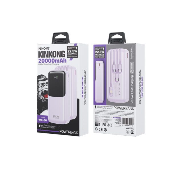 0285497 Power Bank 20000mAh PD 22,5W WK WP-66 2 Θέσεων, με καλώδιο USB-C/Lightning/Micro/USB Μωβ