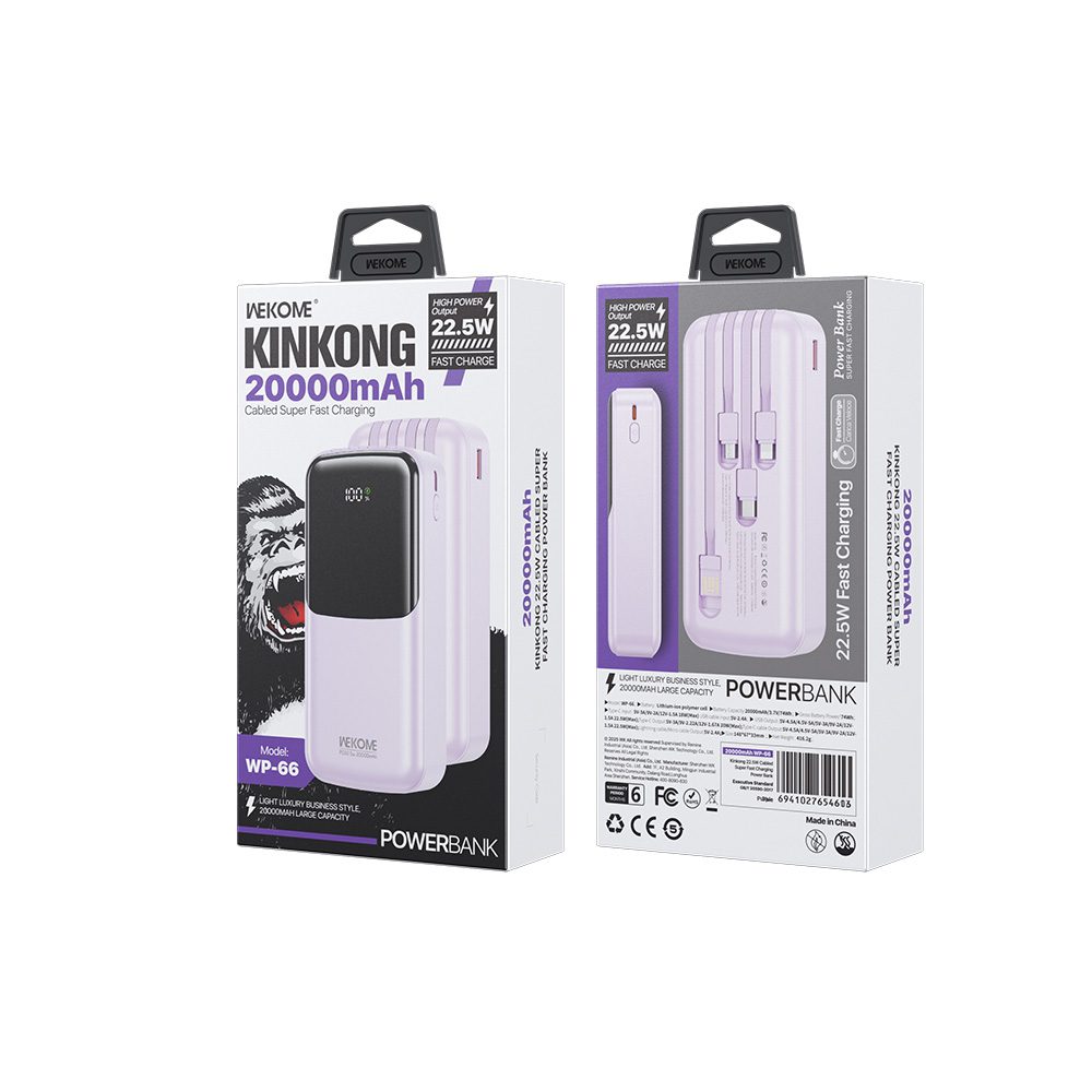 0285497 Power Bank 20000mAh PD 22,5W WK WP-66 2 Θέσεων, με καλώδιο USB-C/Lightning/Micro/USB Μωβ