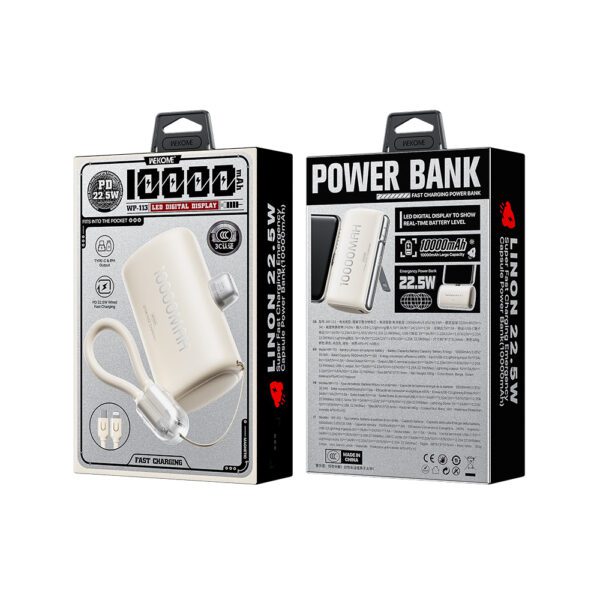 Power Bank 10000mAh PD 22,5W WK WP-113 2 Θέσεων, με καλώδιο USB-C/Lightning Μπέζ