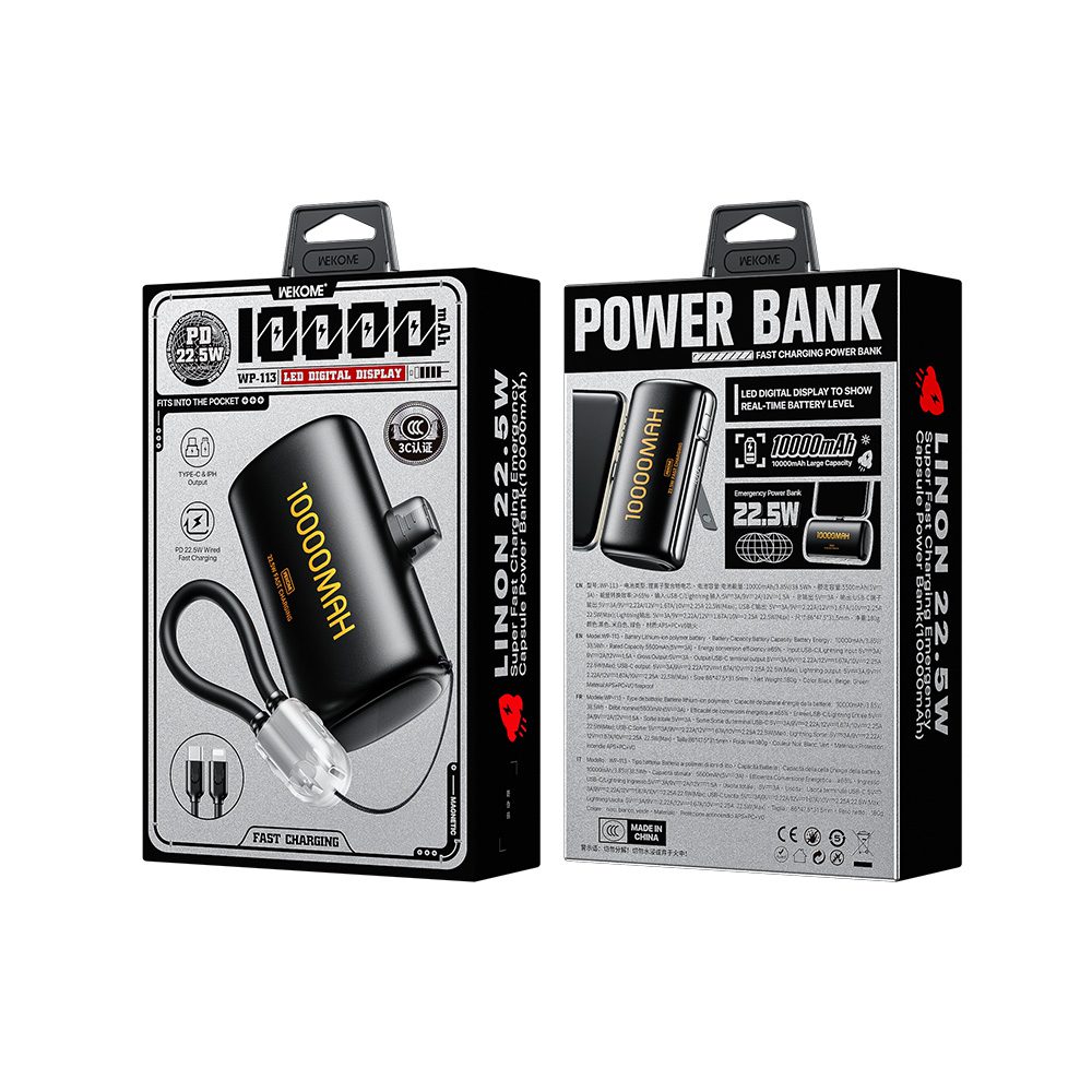 Power Bank 10000mAh PD 22,5W WK WP-113 2 Θέσεων, με καλώδιο USB-C/Lightning Μαύρο