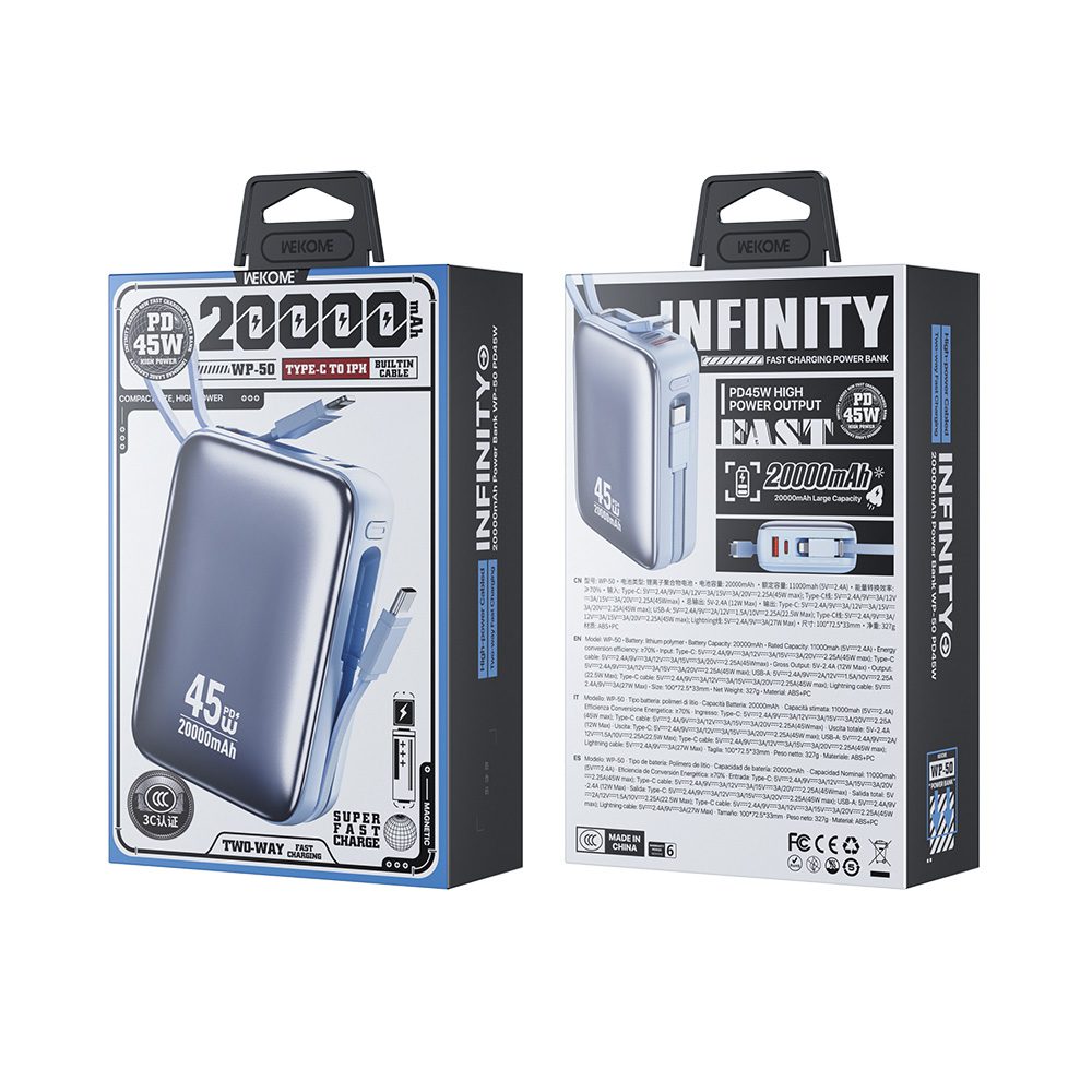 0285519 Power Bank 20000mAh PD 45W WK WP-50 2 Θέσεων, με καλώδιο USB-C/Lightning Μπλέ
