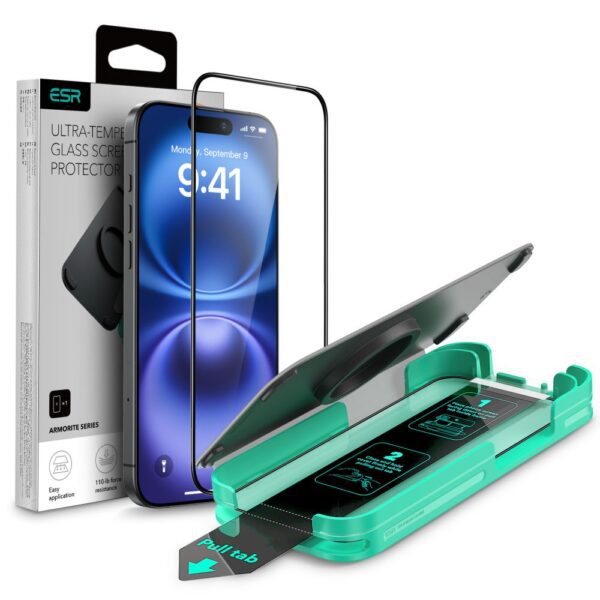 ESR Armorite Tempered Glass for iPhone 16 with Applicator - with Black Frameeng