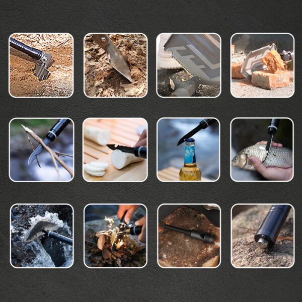 Wozinsky WSS-211 survival bushcraft shovel multifunctional knife breaker flint whistle harpoon - grayeng