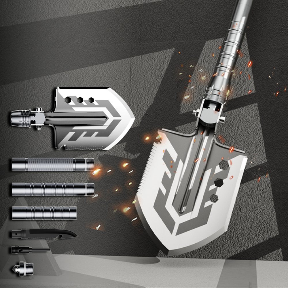 Wozinsky WSS-211 survival bushcraft shovel multifunctional knife breaker flint whistle harpoon - grayeng