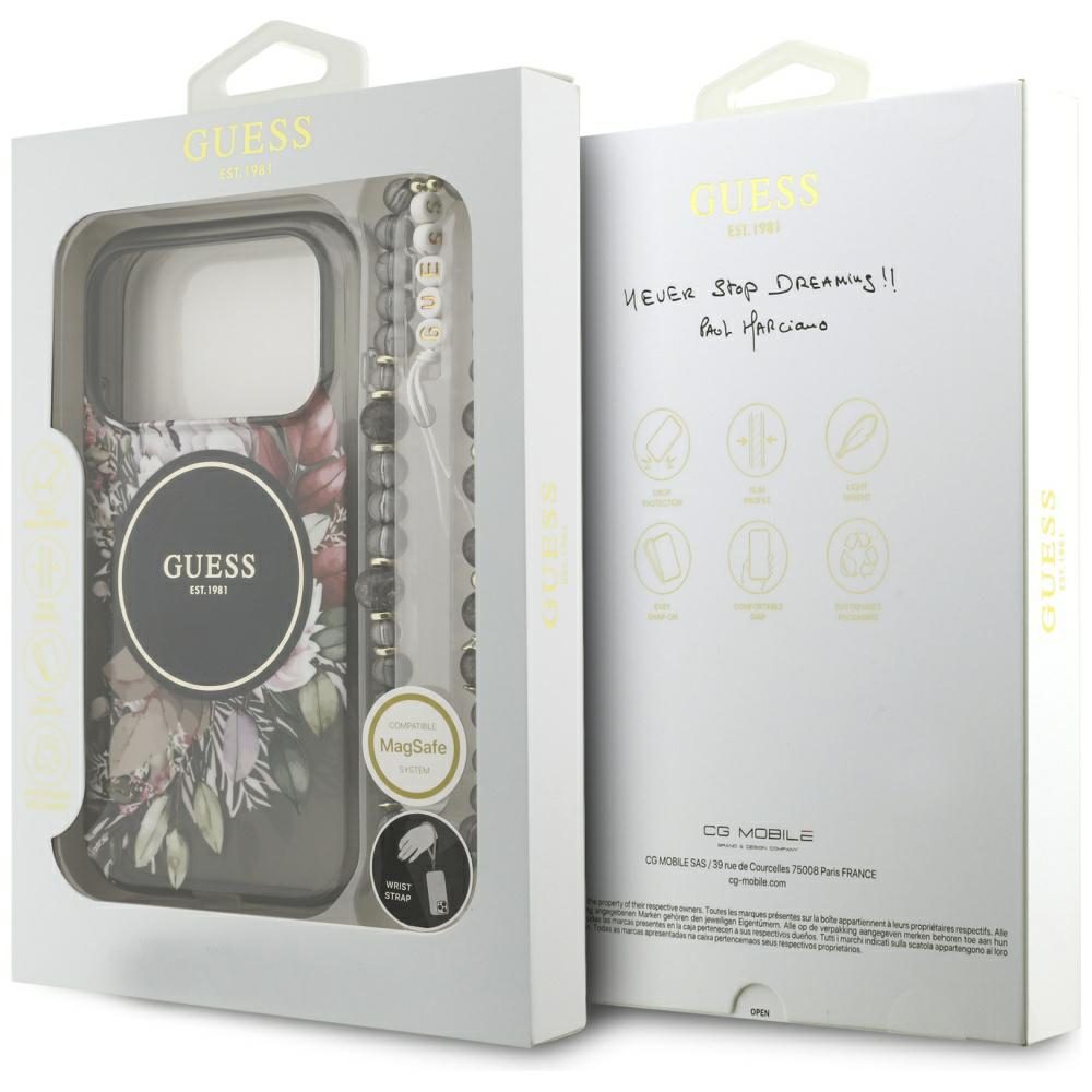 201185_8 Guess IML Flowers Pearl Strap MagSafe case for iPhone 17 Pro - blackeng