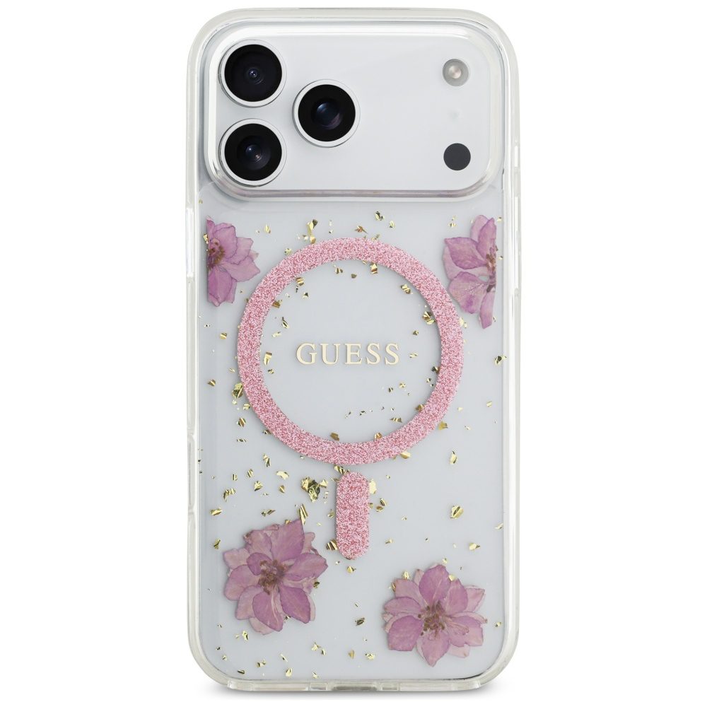 201215_3 Guess Resin Flowers Glitter MagSafe Case for iPhone 17 Pro Max - Pinkeng