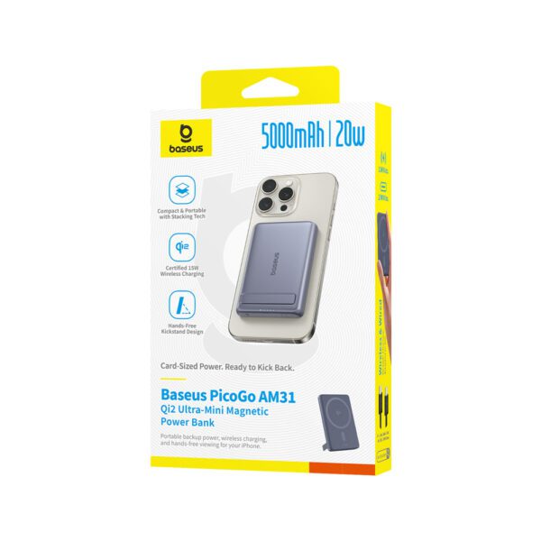 Powerbank Baseus PicoGo AM31 Qi2 5000mAh 20W ultracienki kompatybilny z MagSafe z podstawką z kablem plecionym Baseus Simple USB-C 20cm - szarypol