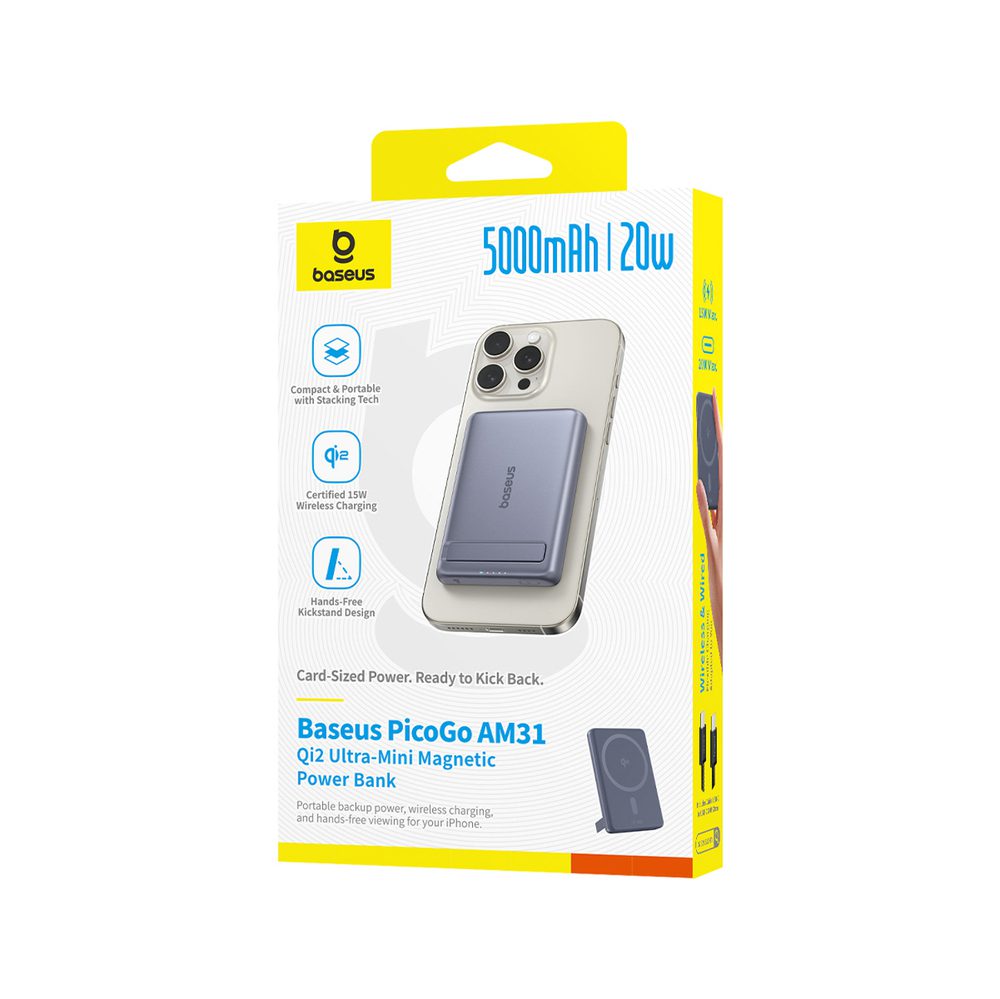 Powerbank Baseus PicoGo AM31 Qi2 5000mAh 20W ultracienki kompatybilny z MagSafe z podstawką z kablem plecionym Baseus Simple USB-C 20cm - szarypol